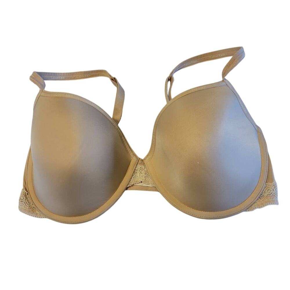 Calvin Klein Underwire T-Shirt Bra Tan Lace Trim Strap‎ Full Coverage Size 36D
